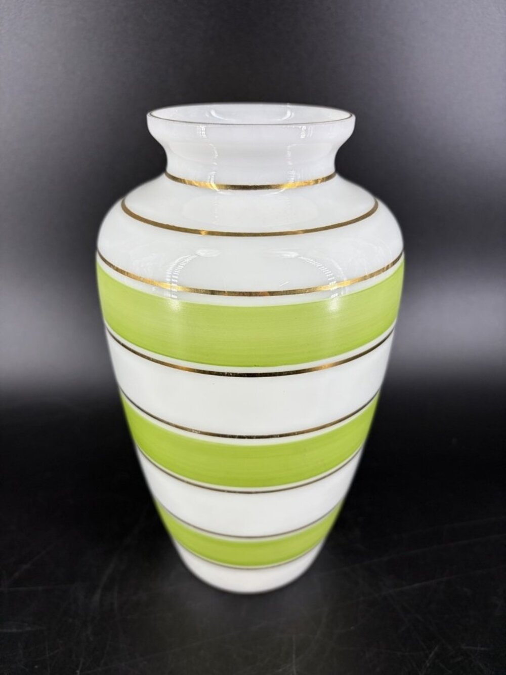 Bohemian Czech Cased Art Glass Vase Green Gold Striped MCM Mod